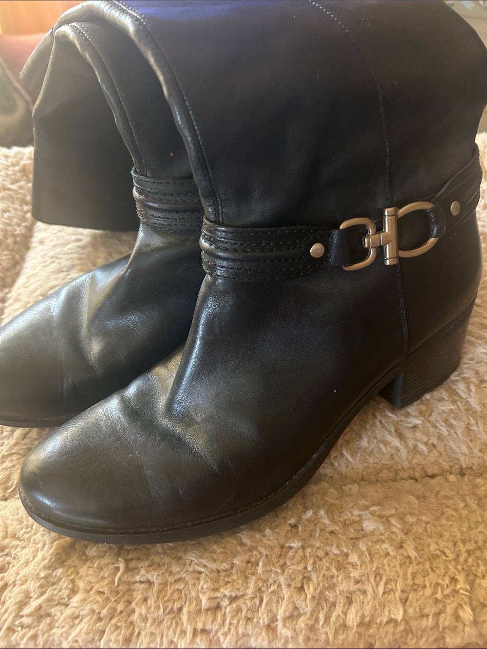 Bandolino Black Leather Ankle Boots with Gold Buckle Accent